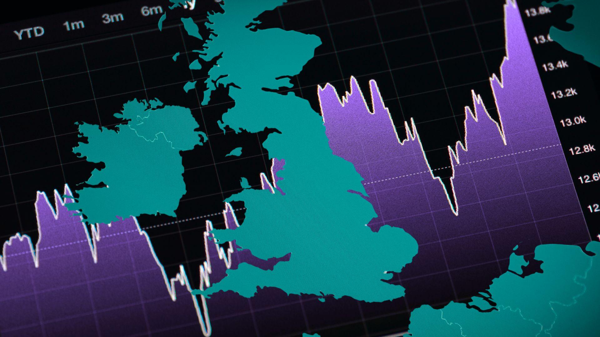 A map of the UK overlayed on a graph going up a down