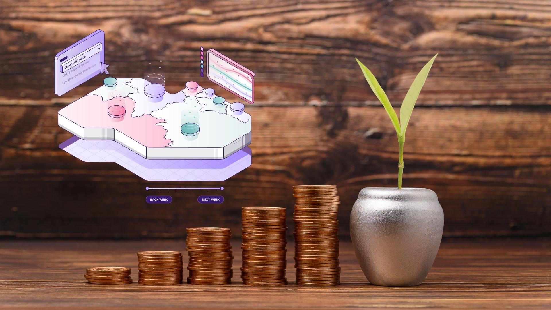 Coins stacked in piles next to a small plant