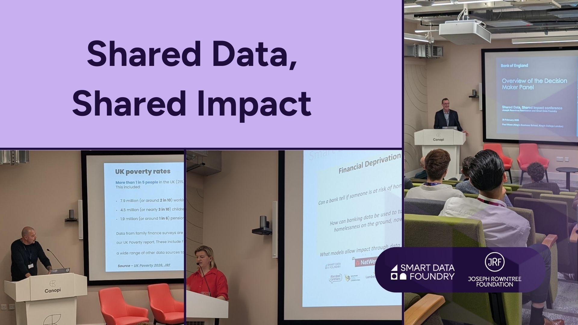 Three people stand infront of a screen giving a talk