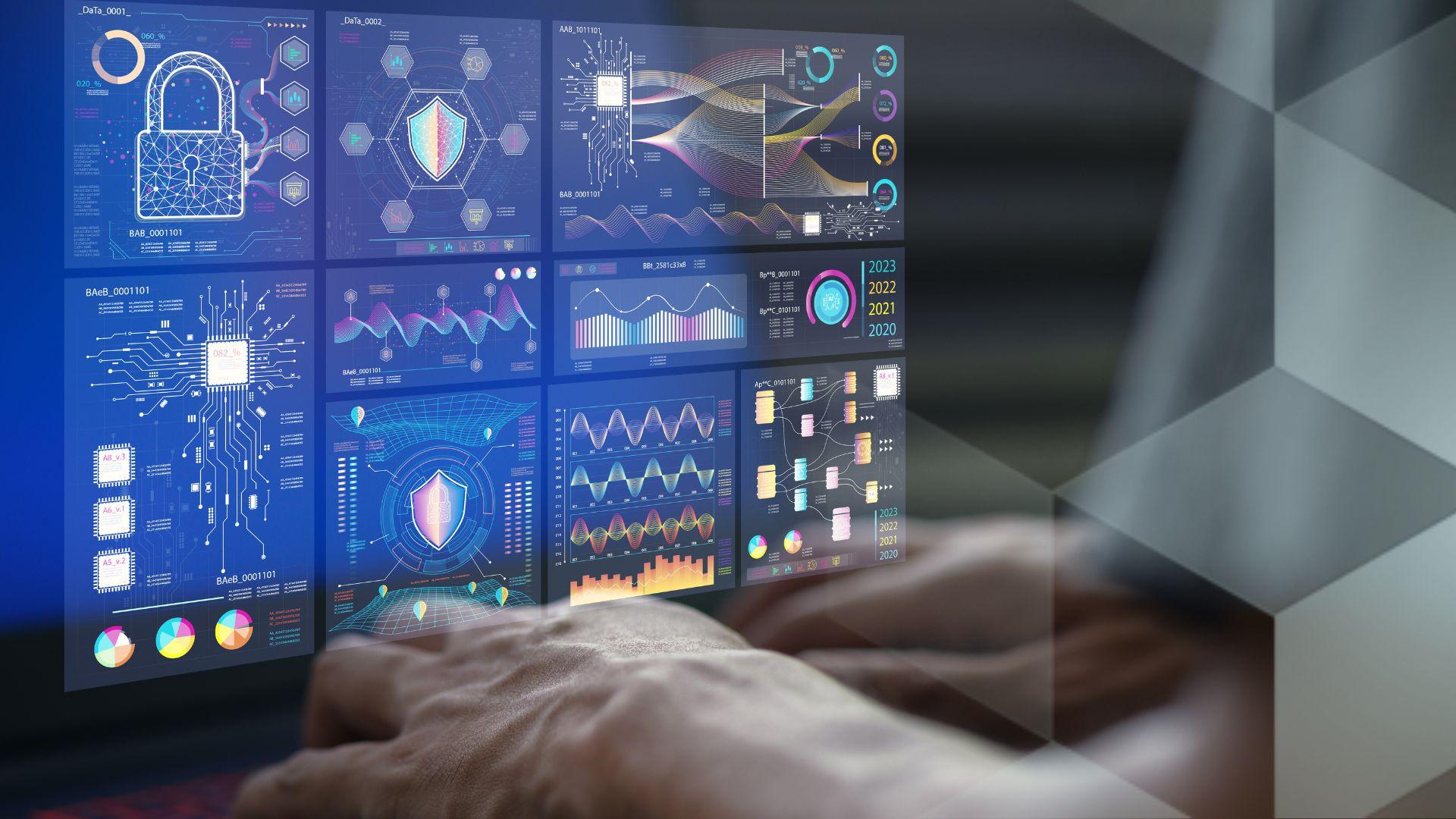 Hands type on a screen full of data visualisation