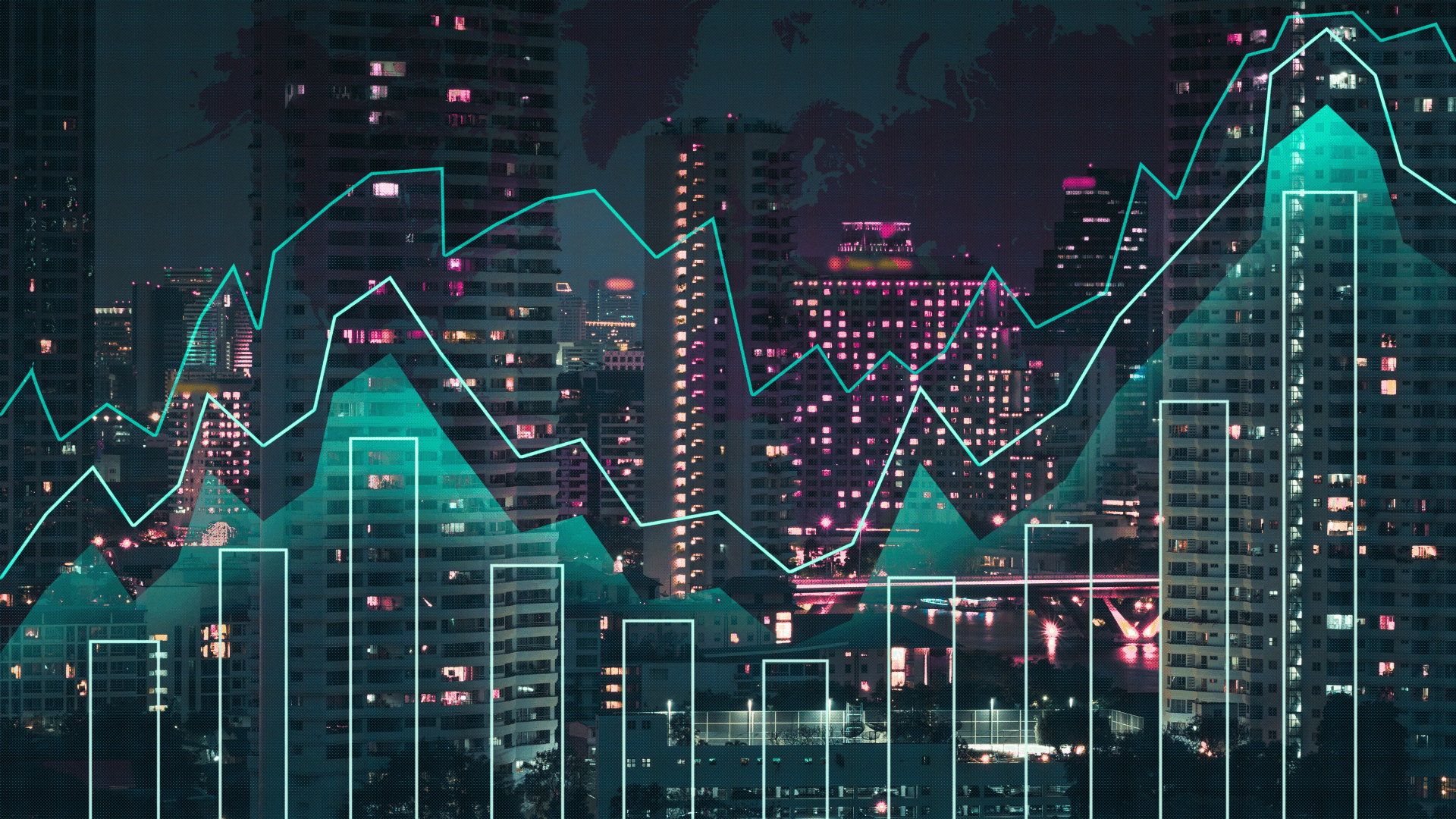 charts and graphs overlayed on a city