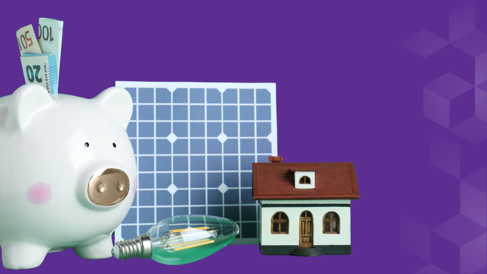 Piggy bank, solar panel and house on a purple background