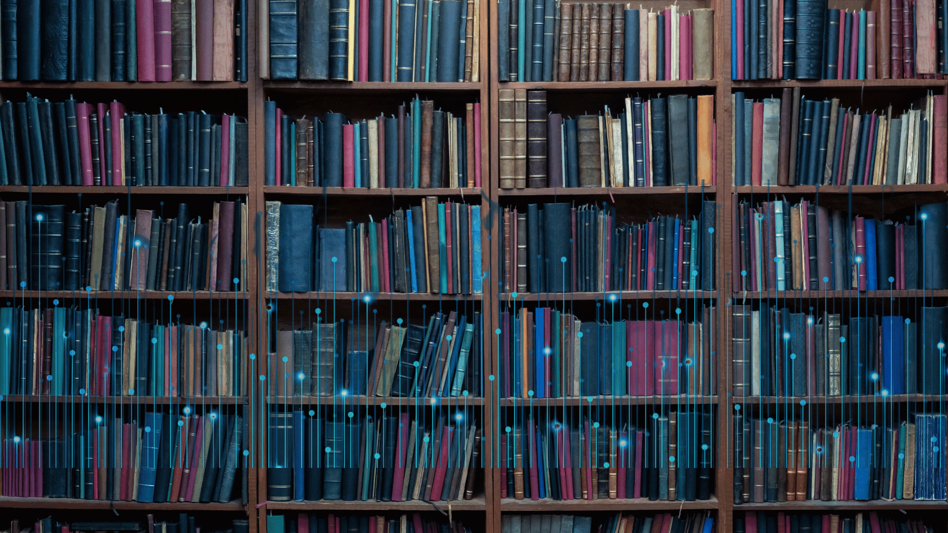 library shelves with a data image overlayed